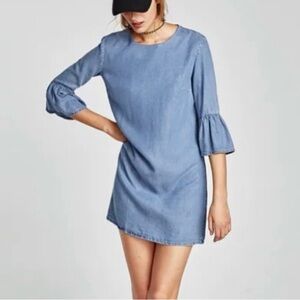 Zara Premium Denim Collection Bell Sleeve Mini Dress Women’s Medium